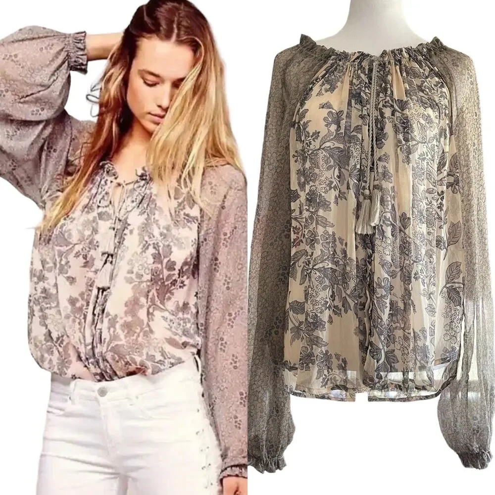 Free People Hendrix Blouse Peasant SemiSheer Boho Festival SIZE XS Floral Tassel